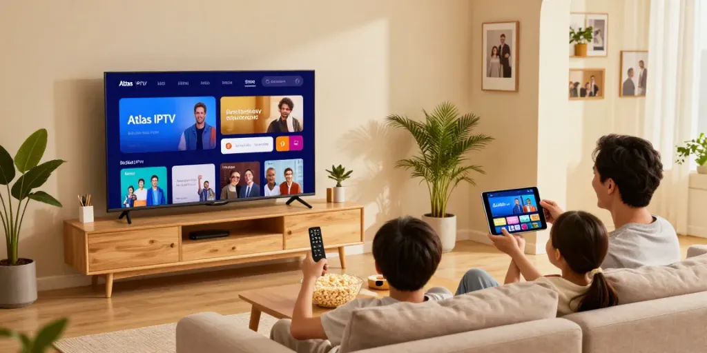 Profitez de l'expérience Atlas IPTV en famille dans un salon moderne