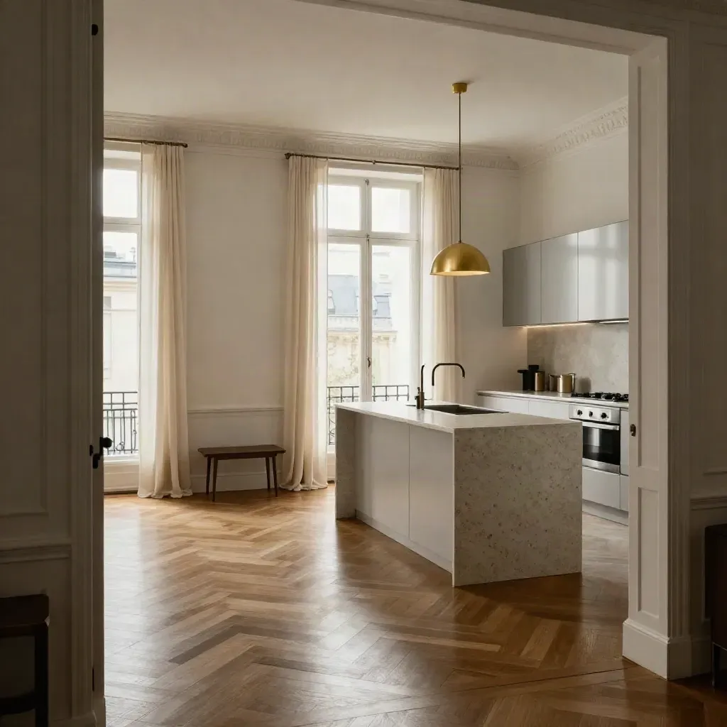 Appartement parisien rénové avec parquet brillant, moulures nettes et cuisine ouverte immaculée.