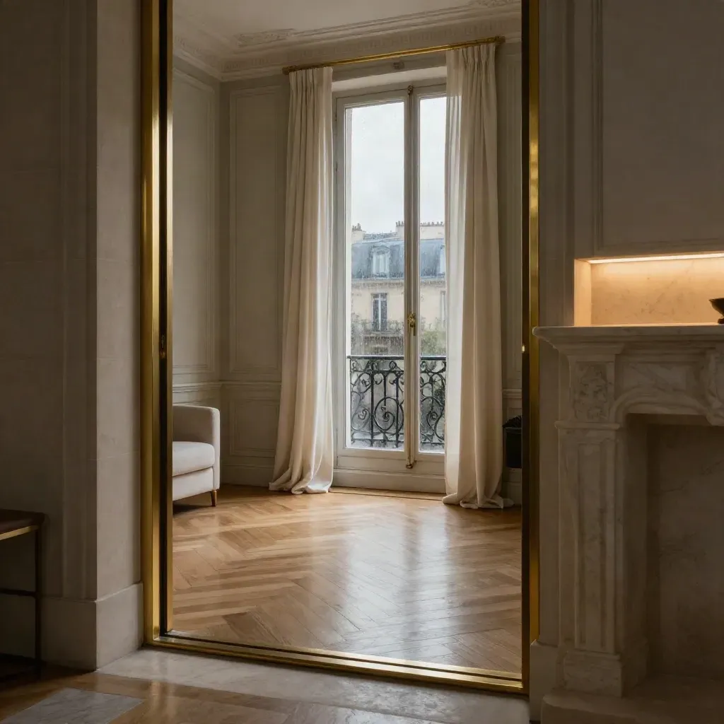 Salon parisien rénové, parquet en point de Hongrie, pierre claire et baie vitrée sur balcon.