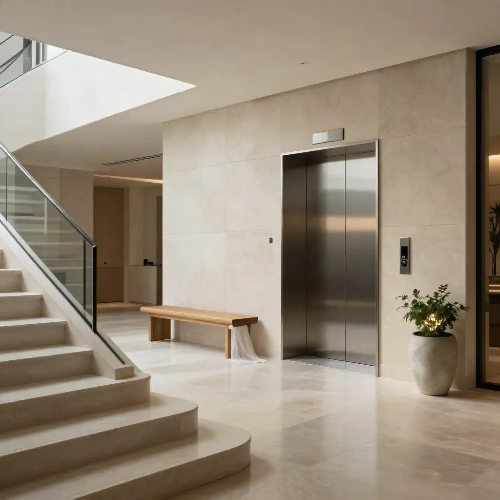 Hall d’immeuble rénové avec ascenseur discret, pierre claire et escalier, vue en contre-plongée.
