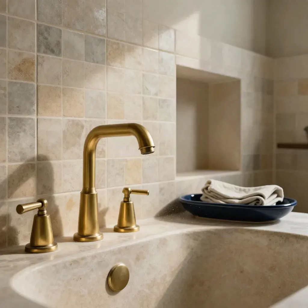 Salle de bain rénovée avec robinet laiton, carrelage minéral et niche murale nette, vue basse.