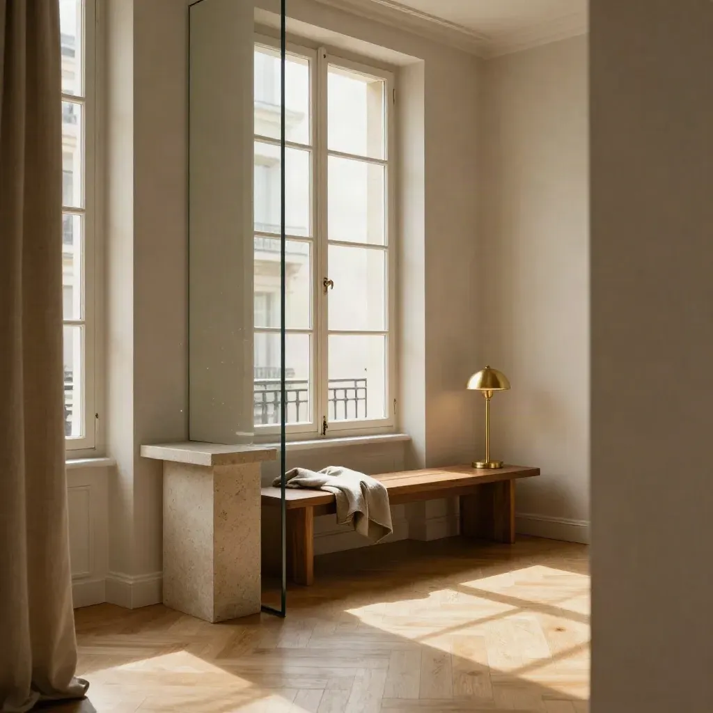 Appartement bordelais lumineux avec parquet blond, verrière douce et lumière dorée.