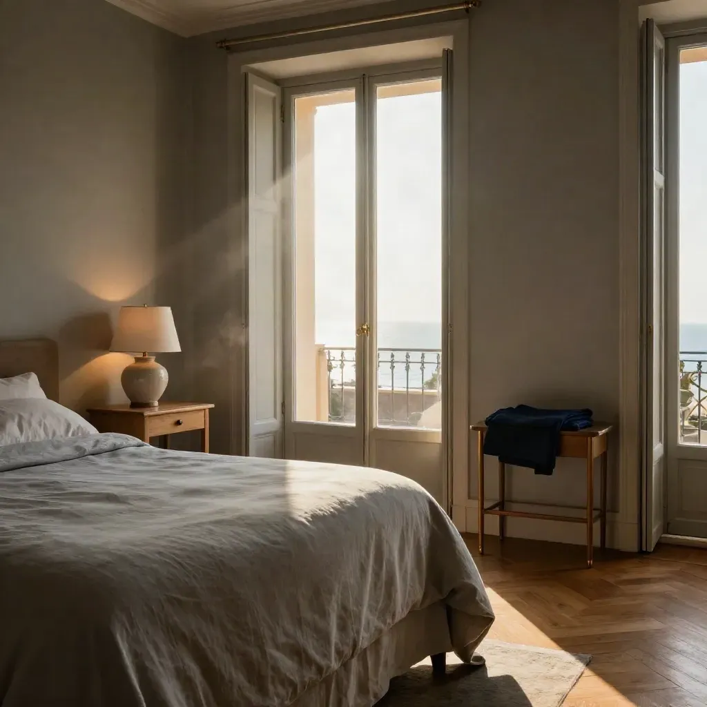 Chambre meublée à Nice avec linge de lin et terrasse lumineuse.