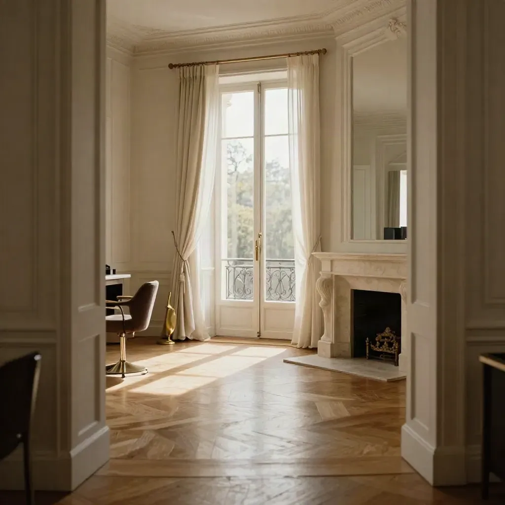 Salon vide à Neuilly avec cheminée claire, parquet ancien et balcon ouvert.