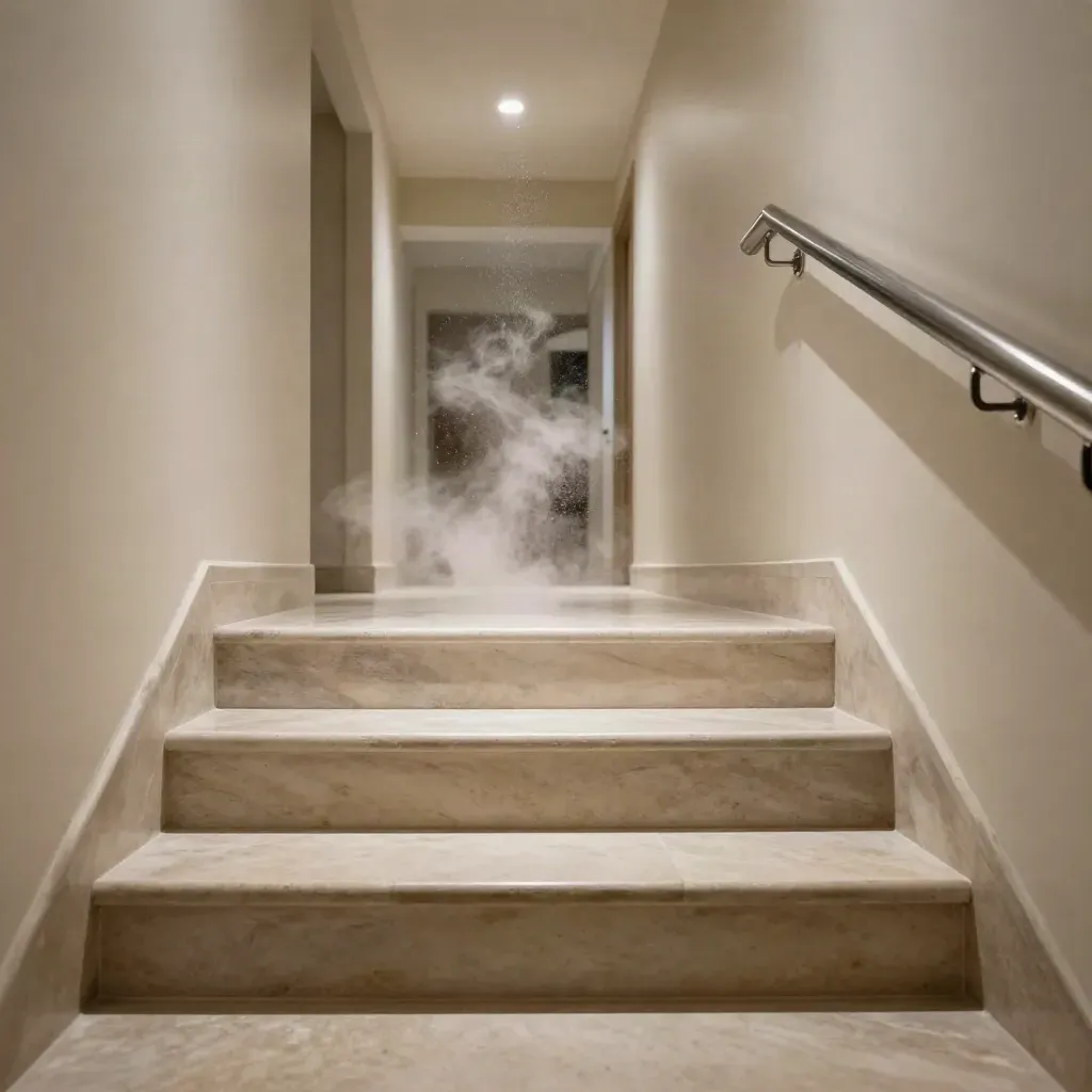 Hall de copropriété rénové, escalier en pierre, lumière uniforme et poussière fine en suspension.