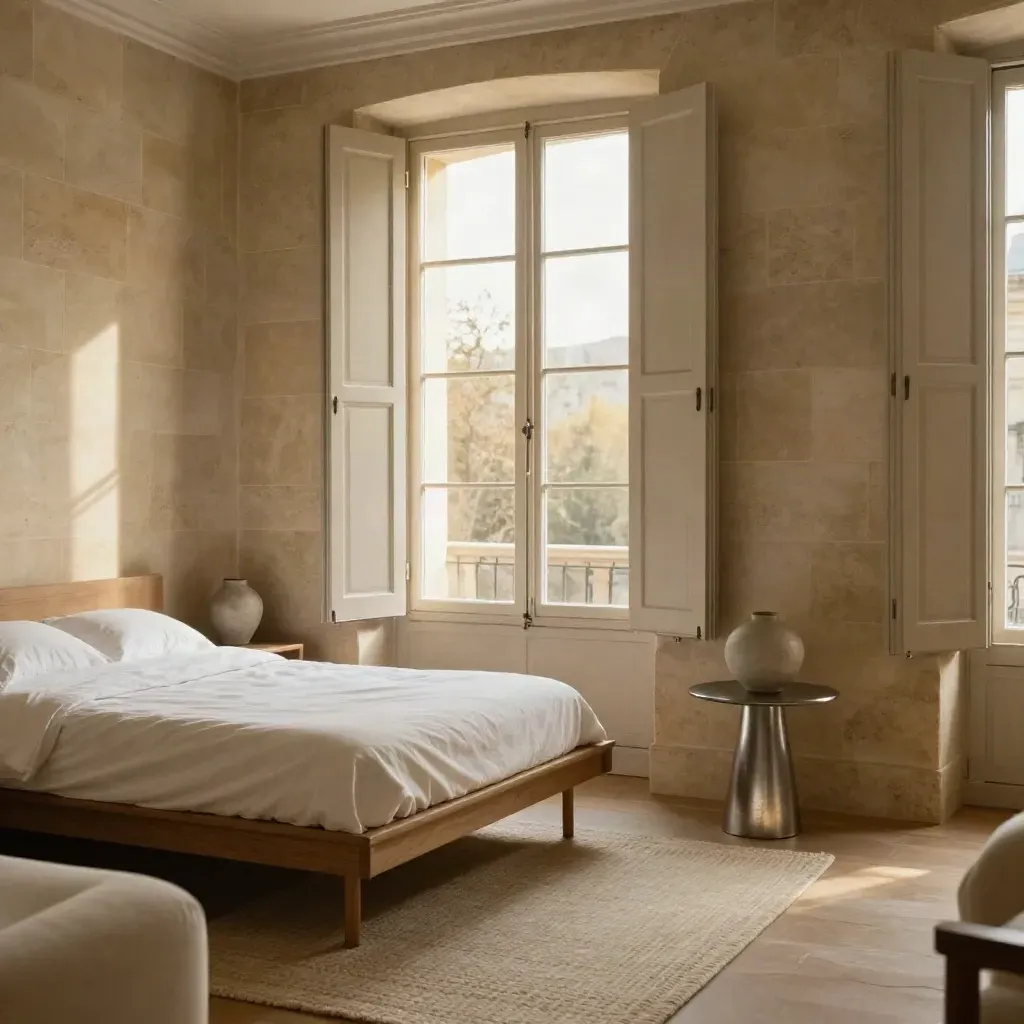 Appartement bordelais lumineux, volets ouverts, pierre blonde et mobilier minimal.
