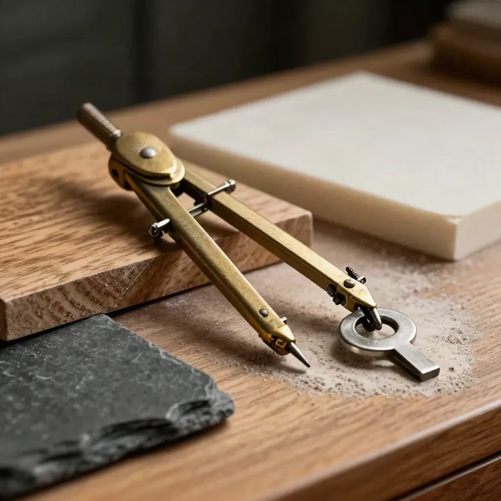 Compas en laiton, échantillons de bois et de slate, clé fine sur bureau en chêne.