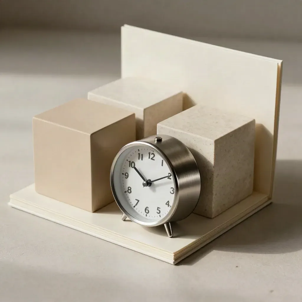 Un planning plié, trois blocs neutres et une horloge métal brossé sur fond plâtre clair.