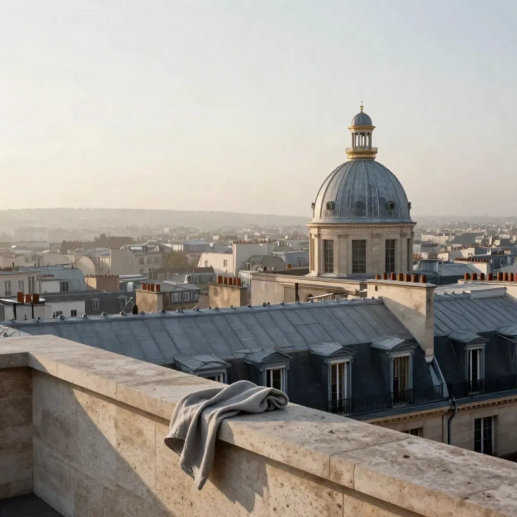 Toits de Paris et dômes de zinc dans la brume, vus depuis une terrasse haute.