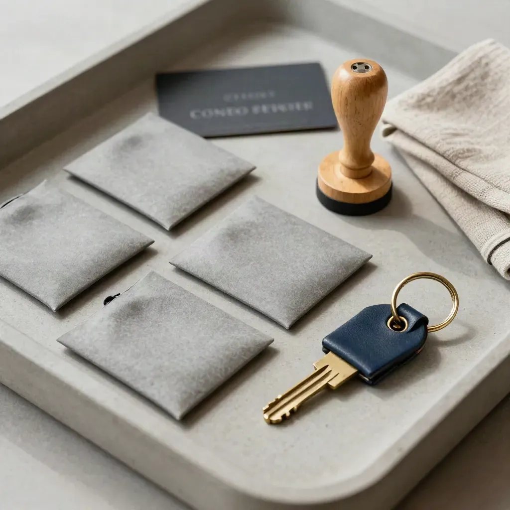 Pochettes fermées, tampon en bois et trousseau d’immeuble sur plateau en pierre.