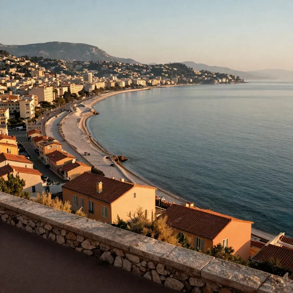 Vue dorée de Nice et de la Baie des Anges depuis un belvédère, mer calme et ville haute.