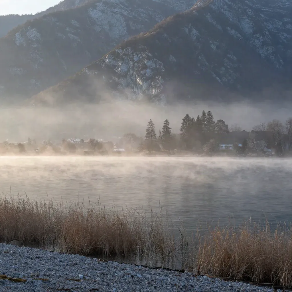 Le lac d’Annecy dans la brume, avec les Alpes en arrière-plan au lever du jour.