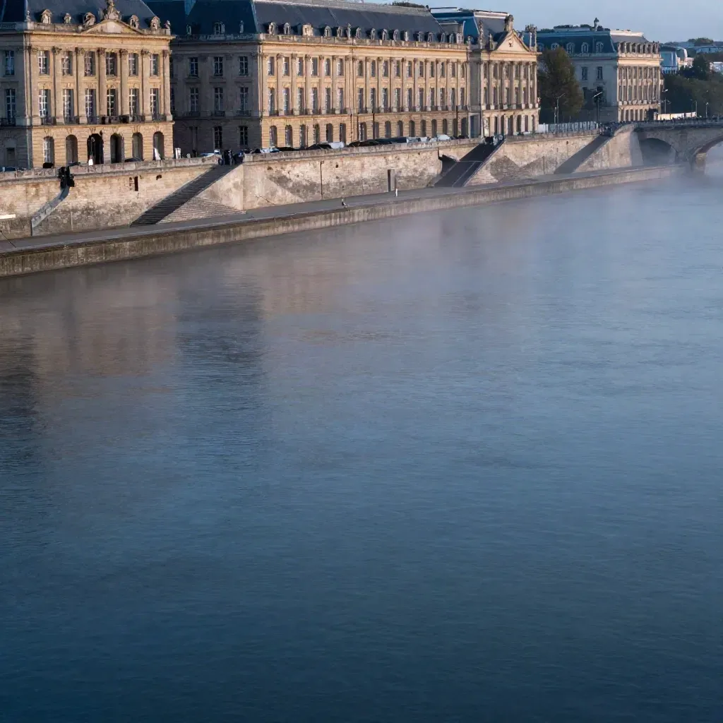 Les quais en pierre de Bordeaux et la Garonne dans la brume bleue du soir.